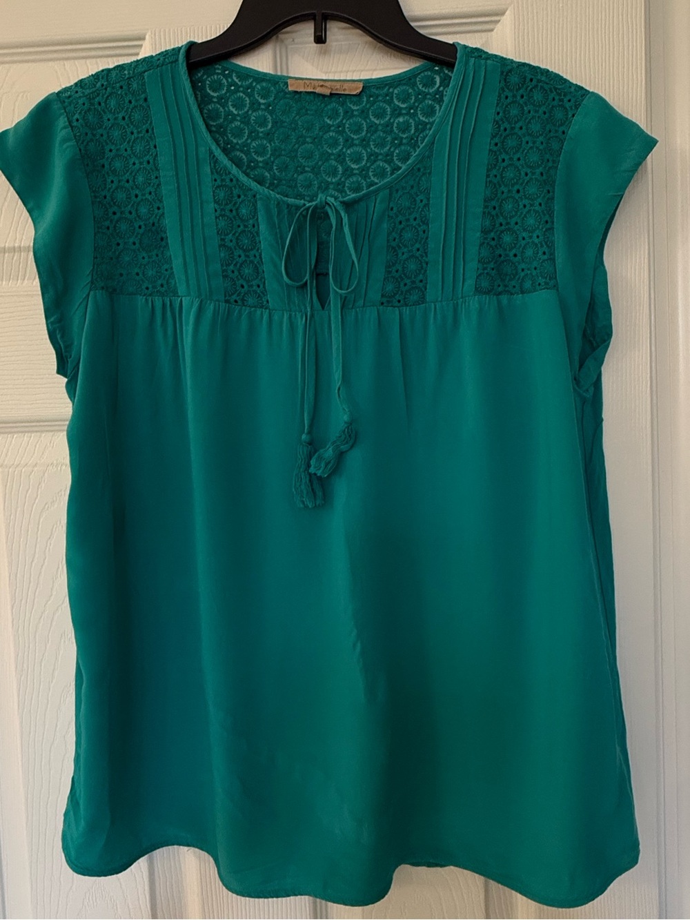 Women’s Teal Crochet Yoke Tie-Front Blouse